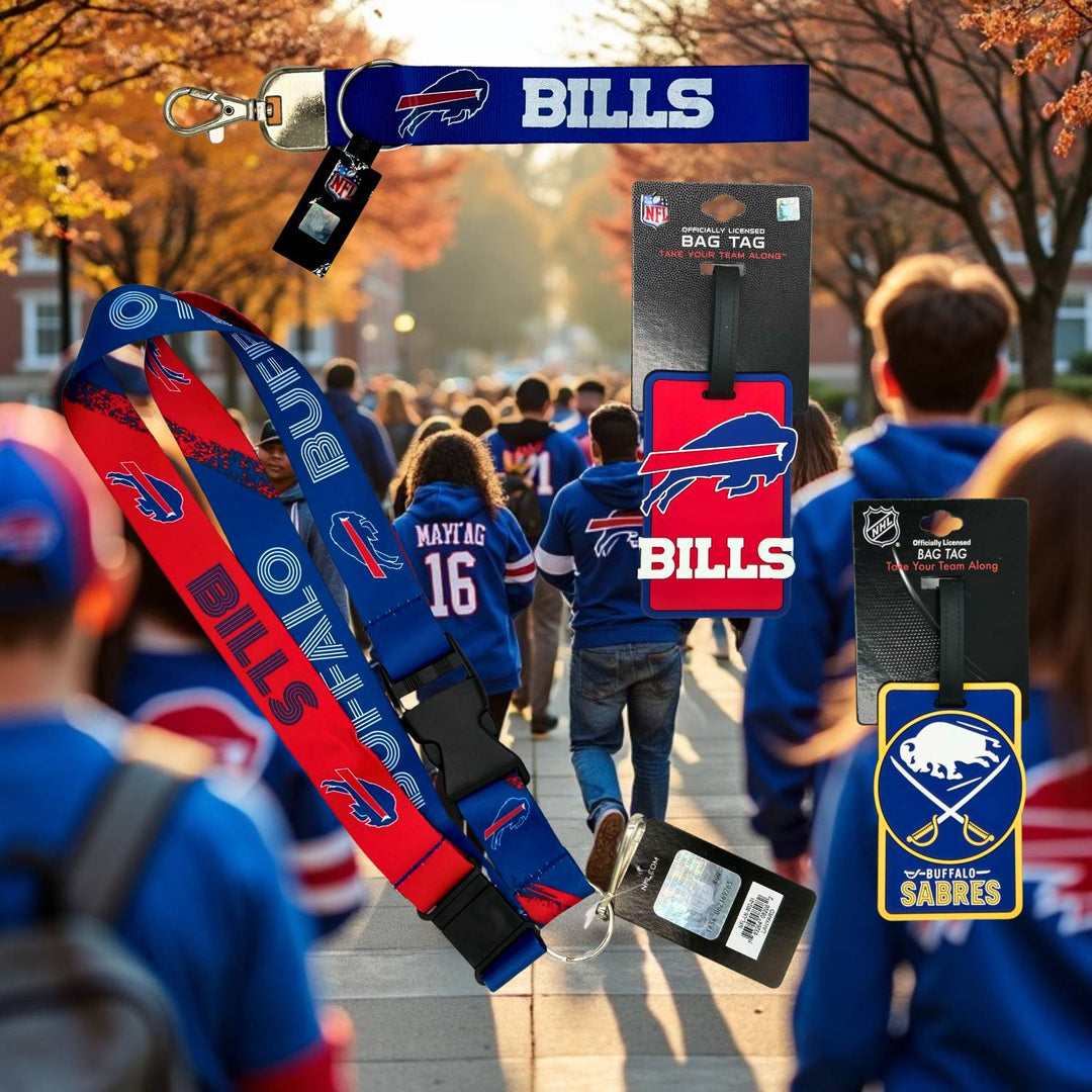 Buffalo Bills and Sabres lanyards and luggage tags, practical fan gear.