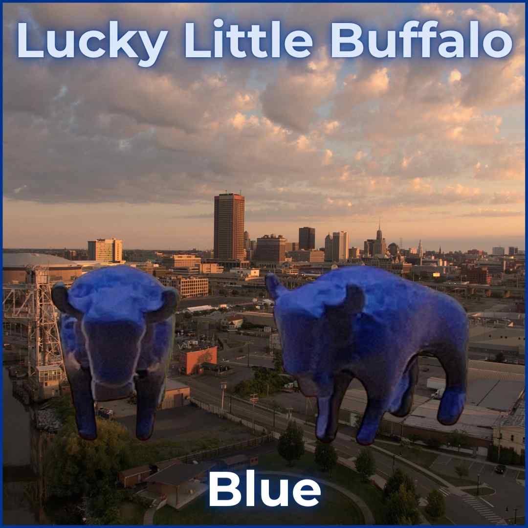 Blue Lucky Little Buffalo figurine, embodying the spirit of Buffalo and bringing good luck, a unique gift for Buffalo Bills fans.