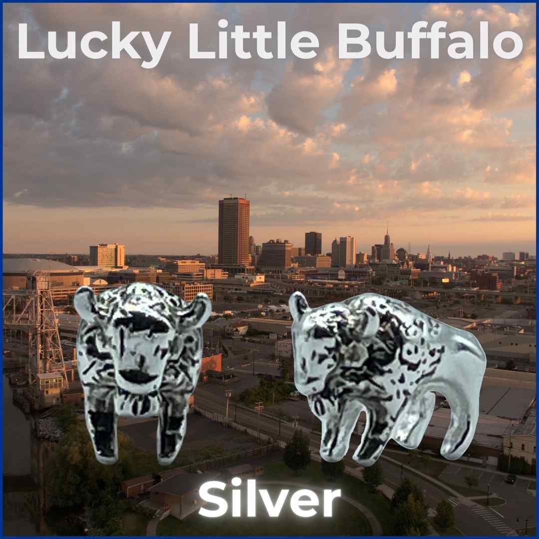 Silver Lucky Little Buffalo figurine, a symbol of Buffalo's strength and good fortune, a unique collectible for Buffalo Bills fans.