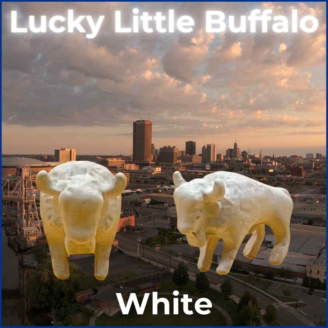 White Lucky Little Buffalo figurine, a pocket-sized charm representing Buffalo's resilience, a perfect Buffalo Bills collectible.