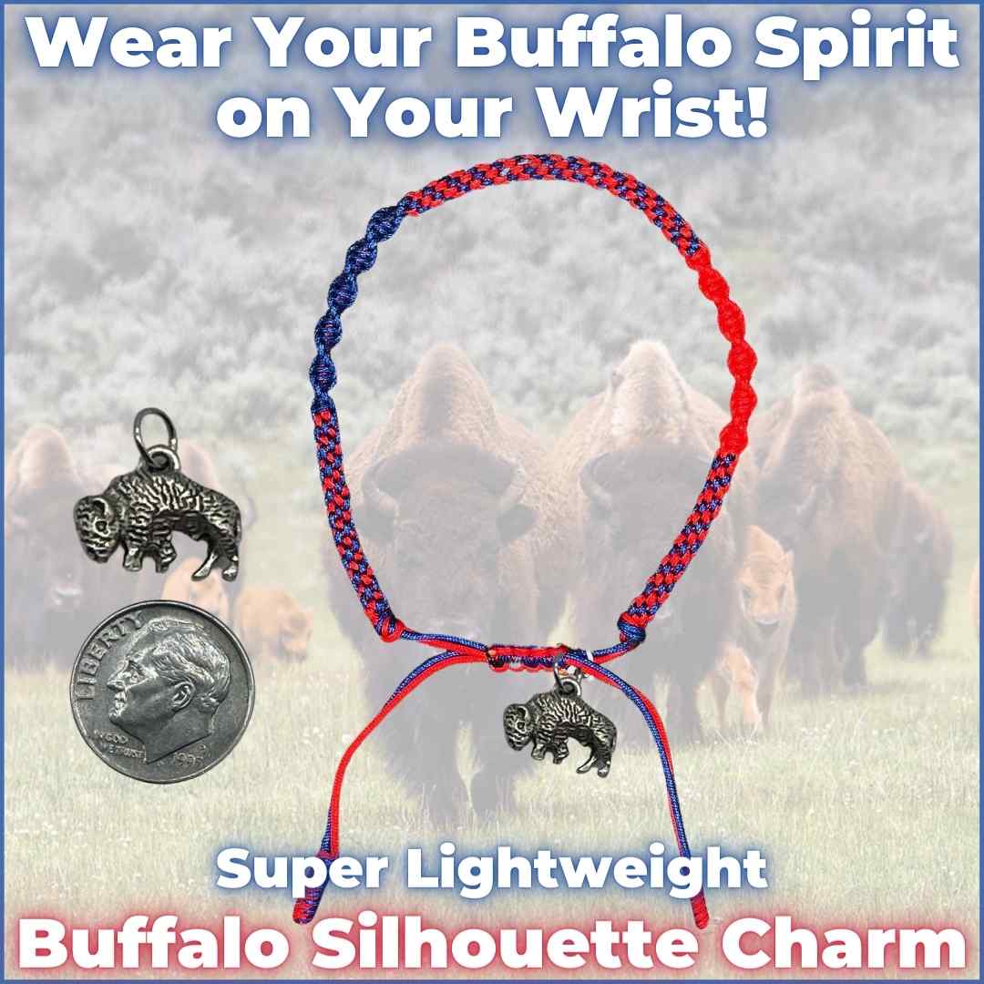 Adjustable braided string bracelet in vibrant red and blue, featuring a 3D silver buffalo charm, a perfect accessory for Buffalo Bills fans.