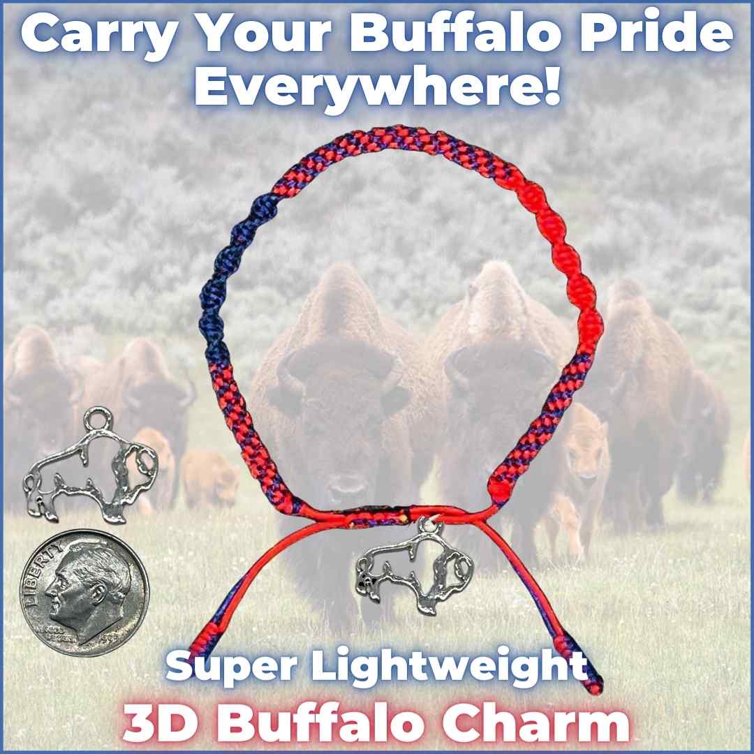 Stylish Buffalo Bills-inspired bracelet with a red and blue braided string and a silver buffalo silhouette charm, a unique symbol of Buffalo pride.