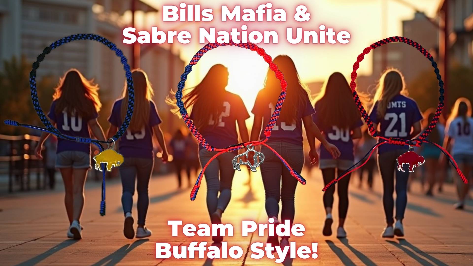Buffalo Bills and Sabres pride bracelets for fans – wear your team's spirit every day. Buffalo Bracelets featuring team colors and iconic Buffalo symbols, uniting Bills Mafia and Sabre Nation in style.