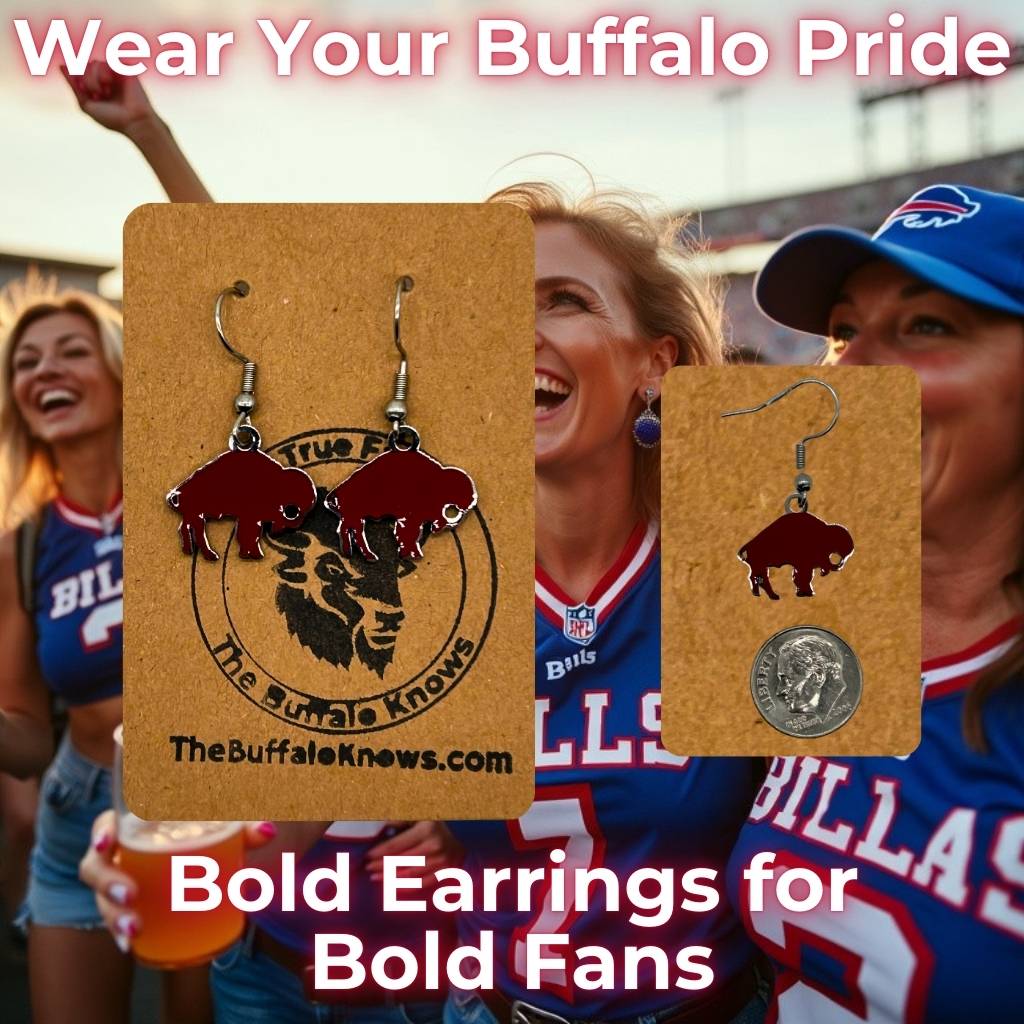 Buffalo Earrings with Red Charm, bold and unique Bills gifts for fans.