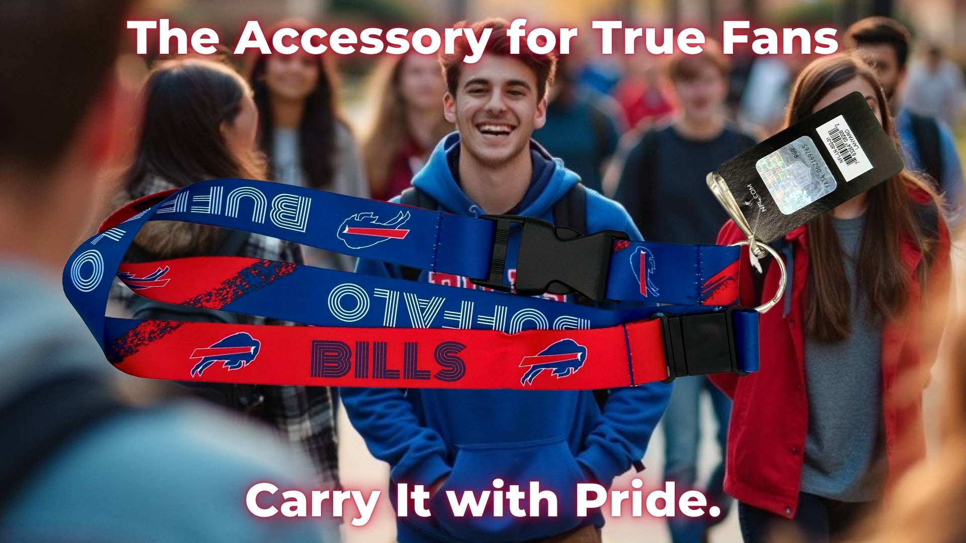NFL Buffalo Bills Crossfade Lanyard – wear your team pride with this official Bills lanyard featuring vibrant red and blue designs. Perfect for true fans looking to carry their passion with style.