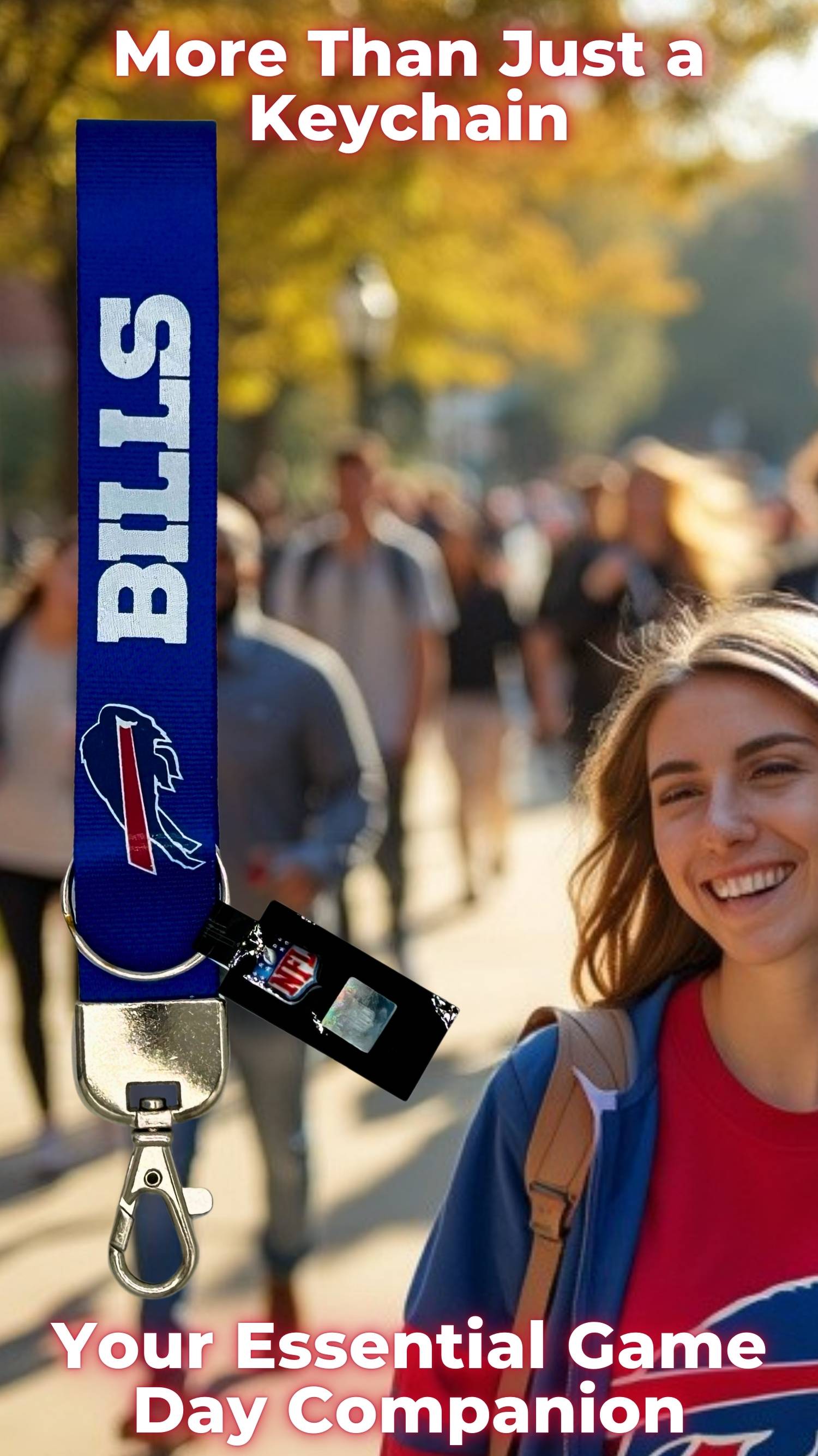 Deluxe Buffalo Bills wristlet keychain – your essential game day companion with official team logo. Perfect for Bills fans to carry their keys with pride.