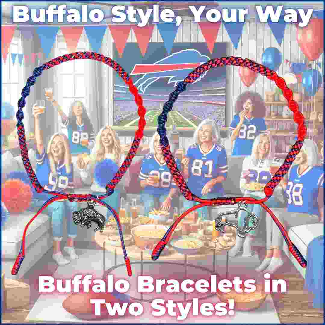 Buffalo Bills Bracelets on sale, with joyous fans wearing them at a game day party, showcasing team spirit and style.
