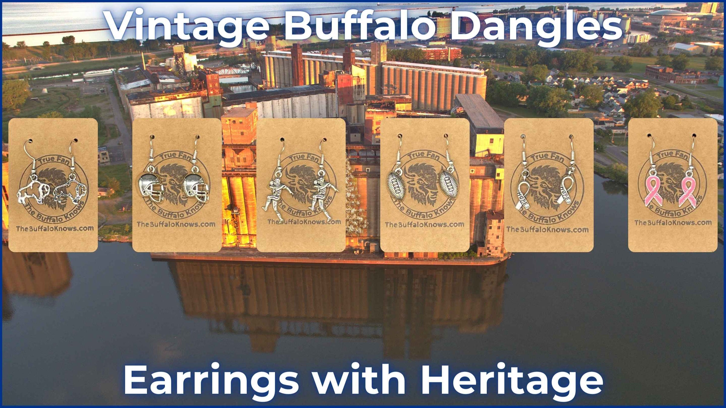 Collection of Buffalo Bills Earrings, featuring vintage-inspired designs, showcased against the Buffalo city backdrop. From classic buffalo silhouettes to spirited football charms, these earrings are unique Buffalo Bills gifts that blend tradition with fan pride.