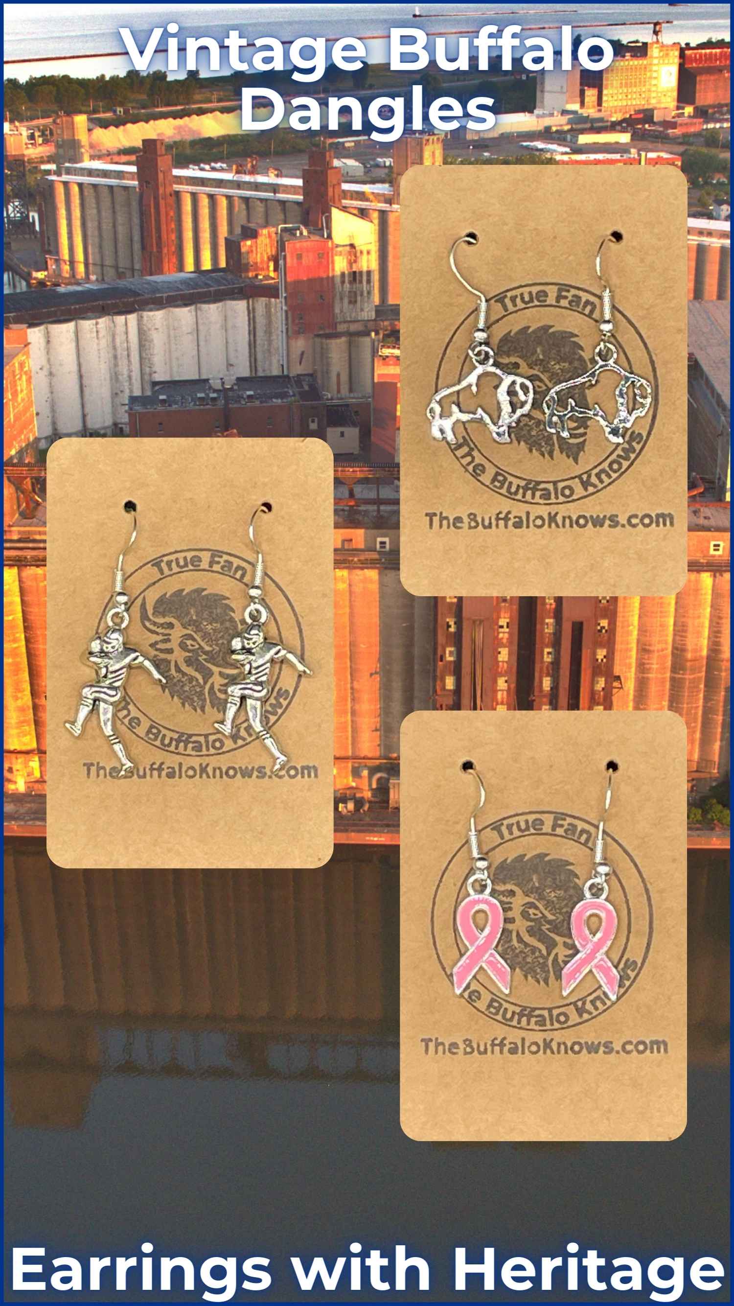 An array of Buffalo Bills Earrings titled 'Vintage Buffalo Dangles', including football and pink ribbon designs, perfect as unique Bills gifts for accessorizing on game days and beyond