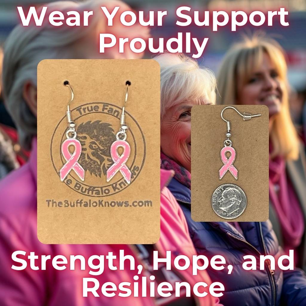 Buffalo Earrings with Breast Cancer Charm, stylish and supportive unique Bills gifts.