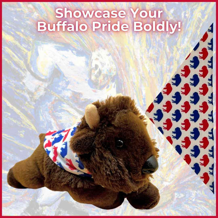 Fia in Buffalo Proud Cape: A plush bison toy with a cape adorned with red and blue buffalo silhouettes, a unique Buffalo Bills gift for her.