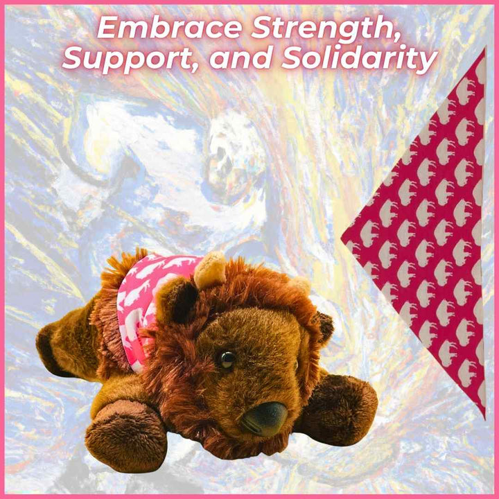 Fia in Hope Cape: A stuffed animal bison with a pink cape featuring white American Bison, symbolizing hope in the fight against breast cancer.