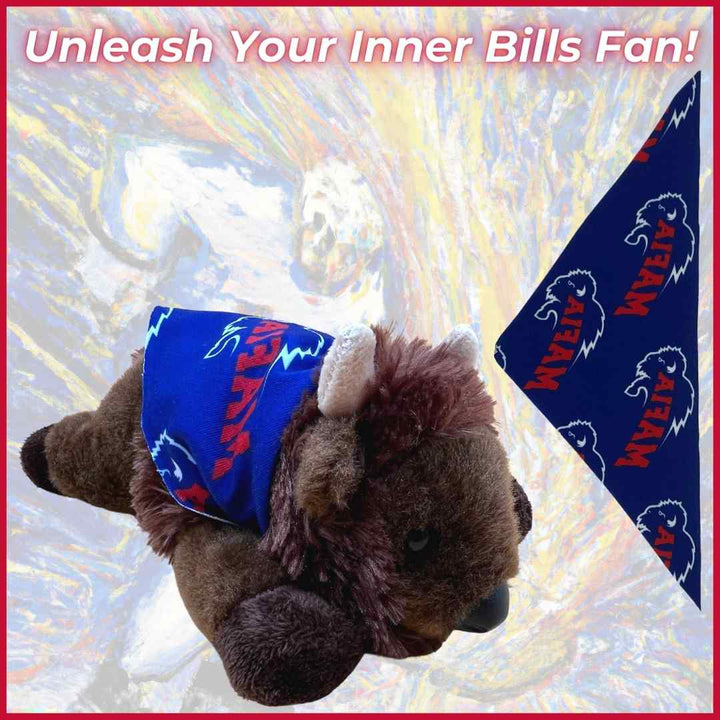 Fia in Mafia Cape: A plush buffalo toy with a blue cape featuring the word 'Mafi' in red and a white buffalo head outline, a cool Buffalo Bills gift.