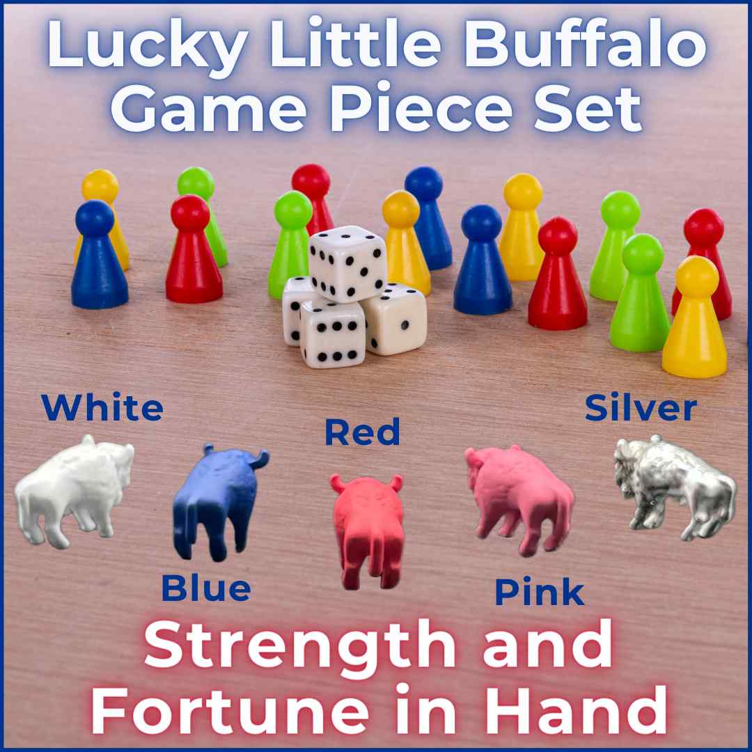 Game Piece Set of Lucky Little Buffalo figurines in red, blue, white, pink, and silver, perfect for Buffalo Bills fans and collectors seeking good luck charms.
