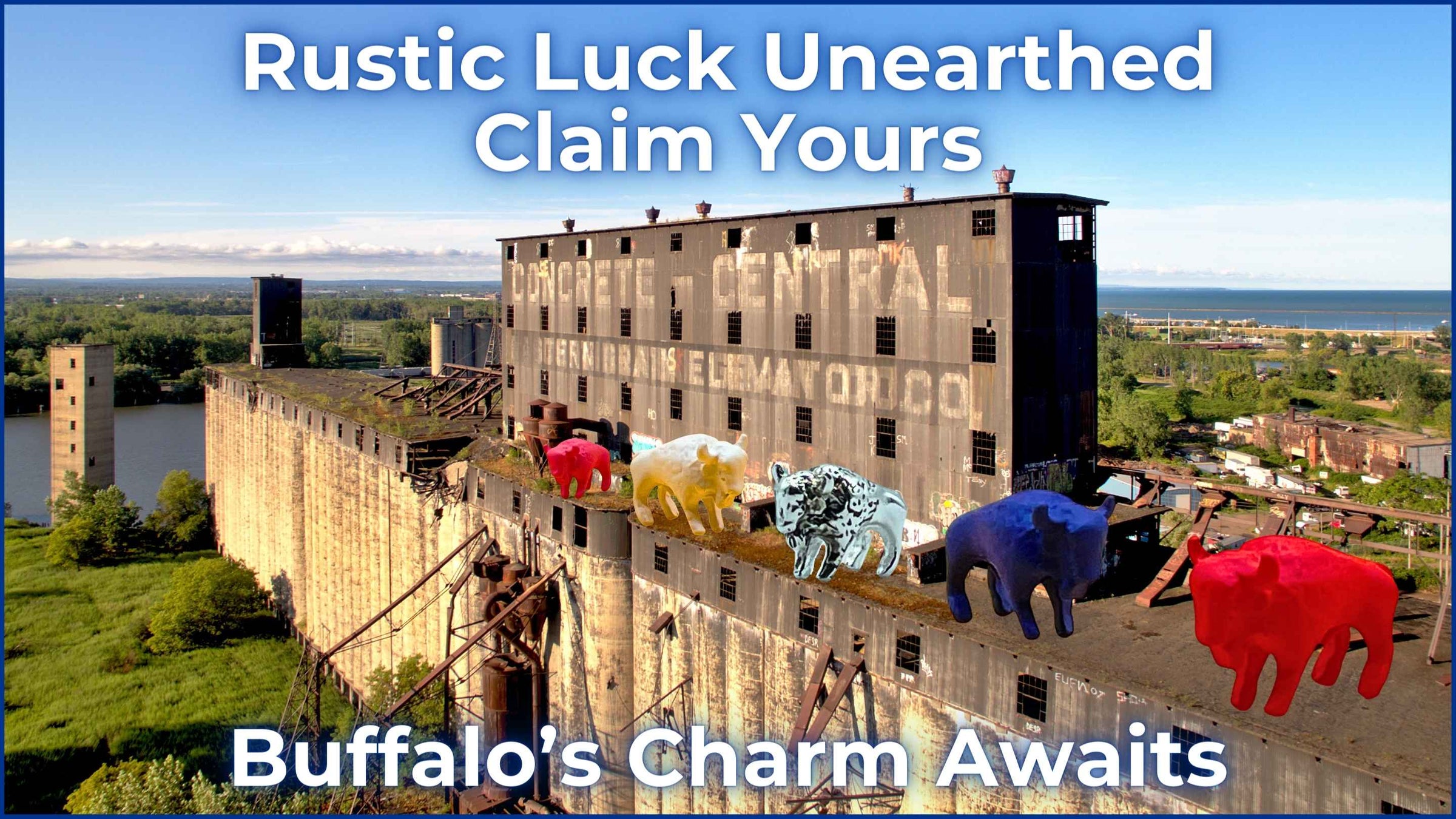 Colorful Lucky Buffalo figurines lined atop the historic grain elevators of Buffalo, symbolizing 'Rustic Luck Unearthed - Claim Yours'. These figures represent Buffalo's charm and the city's storied heritage, awaiting to bring fortune to Bills fans and collectors alike.