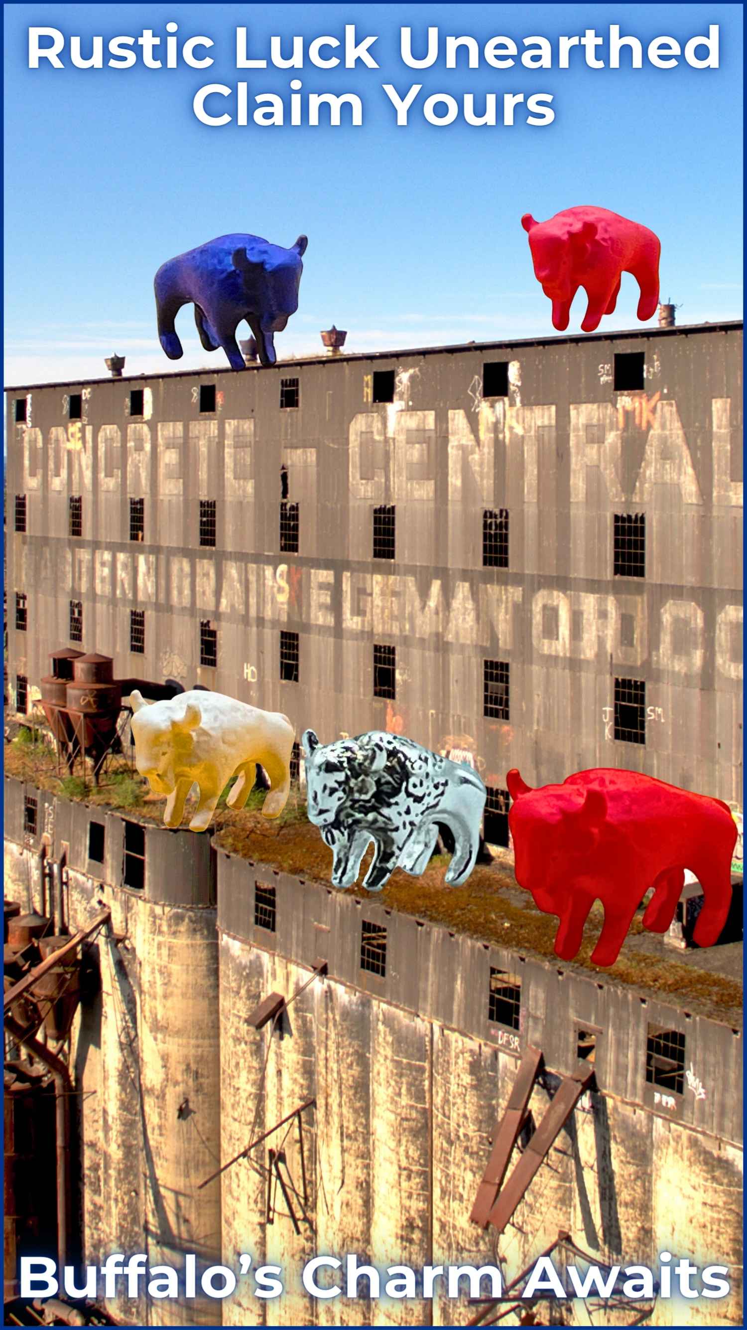 Assorted Lucky Buffalo figurines atop an urban backdrop, embodying 'Rustic Luck Unearthed.' Collectible charms that capture the enduring spirit and heritage of Buffalo, perfect for Bills enthusiasts on the move.