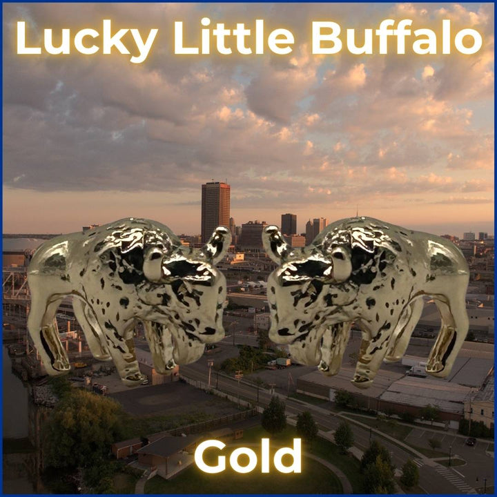 Lucky Little Buffalo Figurine in gold, factory-made and painted, symbolizing strength and good fortune. A unique Buffalo Bills gift for fans and collectors.
