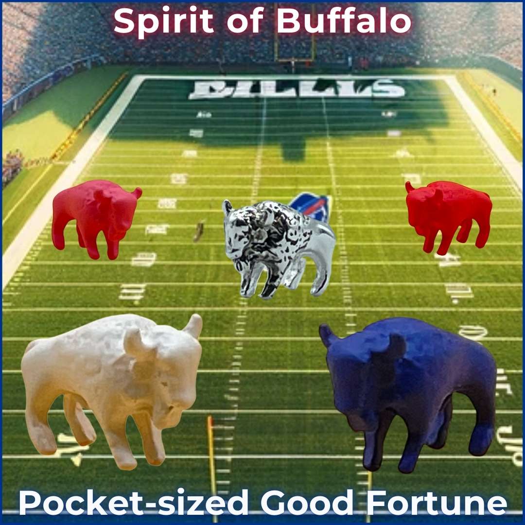 Colorful Buffalo Figurine collection on a football field, featuring a sale for good luck charms that embody the Spirit of Buffalo.
