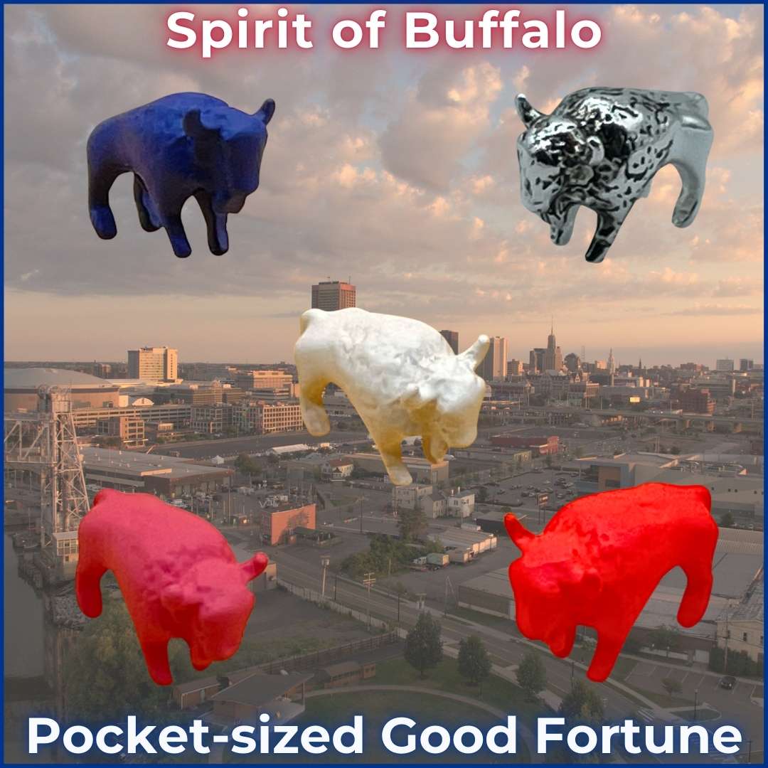 Collection of Lucky Little Buffalo figurines in various colors, symbolizing strength, resilience, and good fortune, perfect as unique Buffalo Bills gifts. Mobile