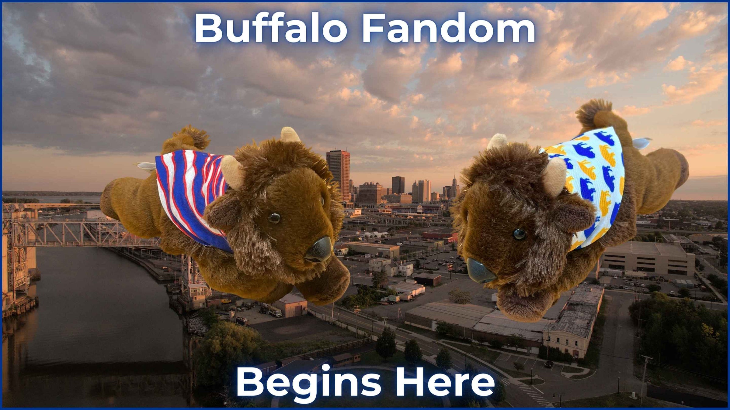 Buffalo Bills unique gifts for young fans: Mafi & Fia plush bison toys showcased against a heart-filled background with the team's logo, captioned 'Your Little Fan's First Cheer' and 'Mafi & Fia: Every Game's Best Friends.