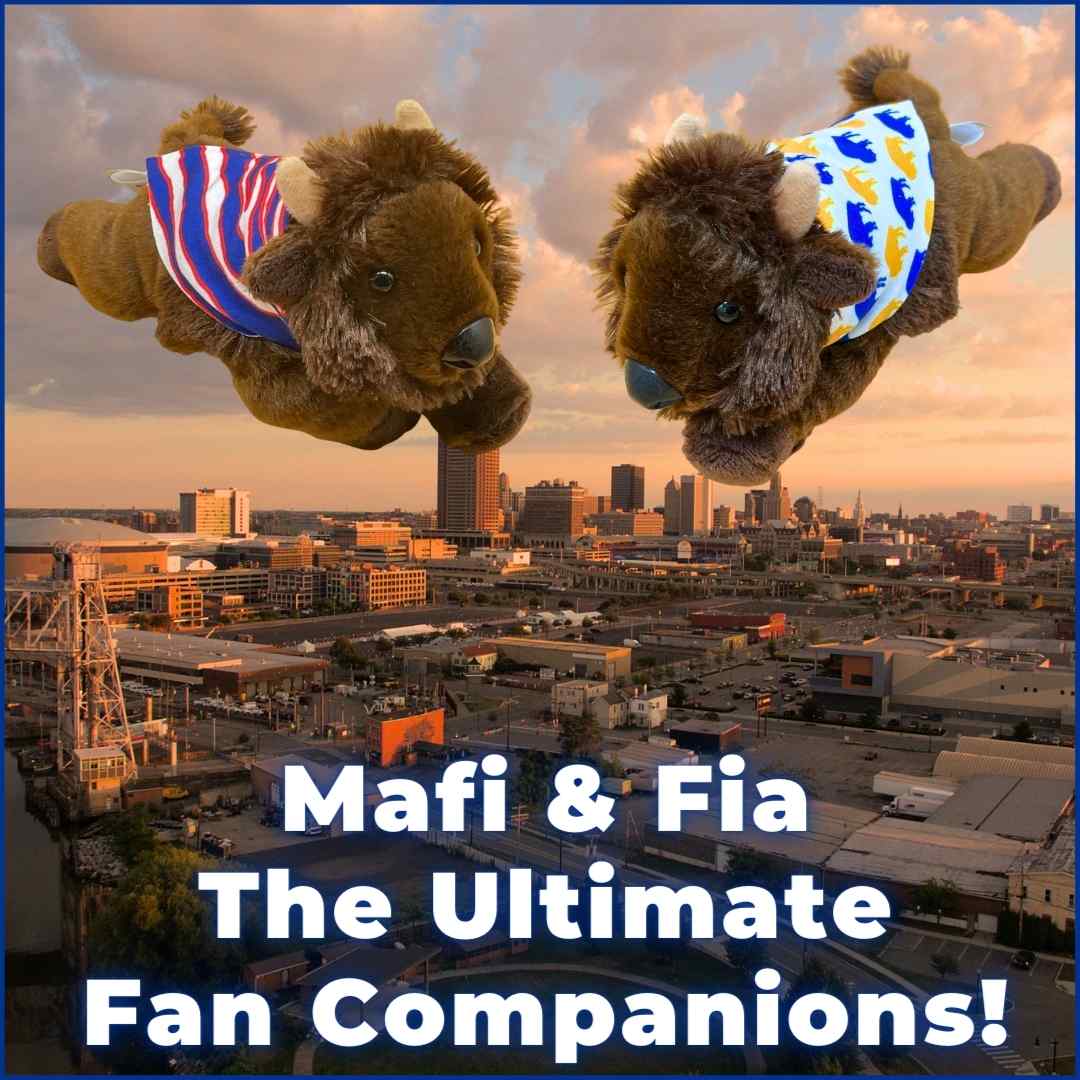 The Ultimate Fan Companions, Mafi & Fia, overlooking downtown Buffalo NY, their adopted city.  They are the ultimate unique gifts for Buffalo Bills and Buffalo Sabres Fans. Mobile