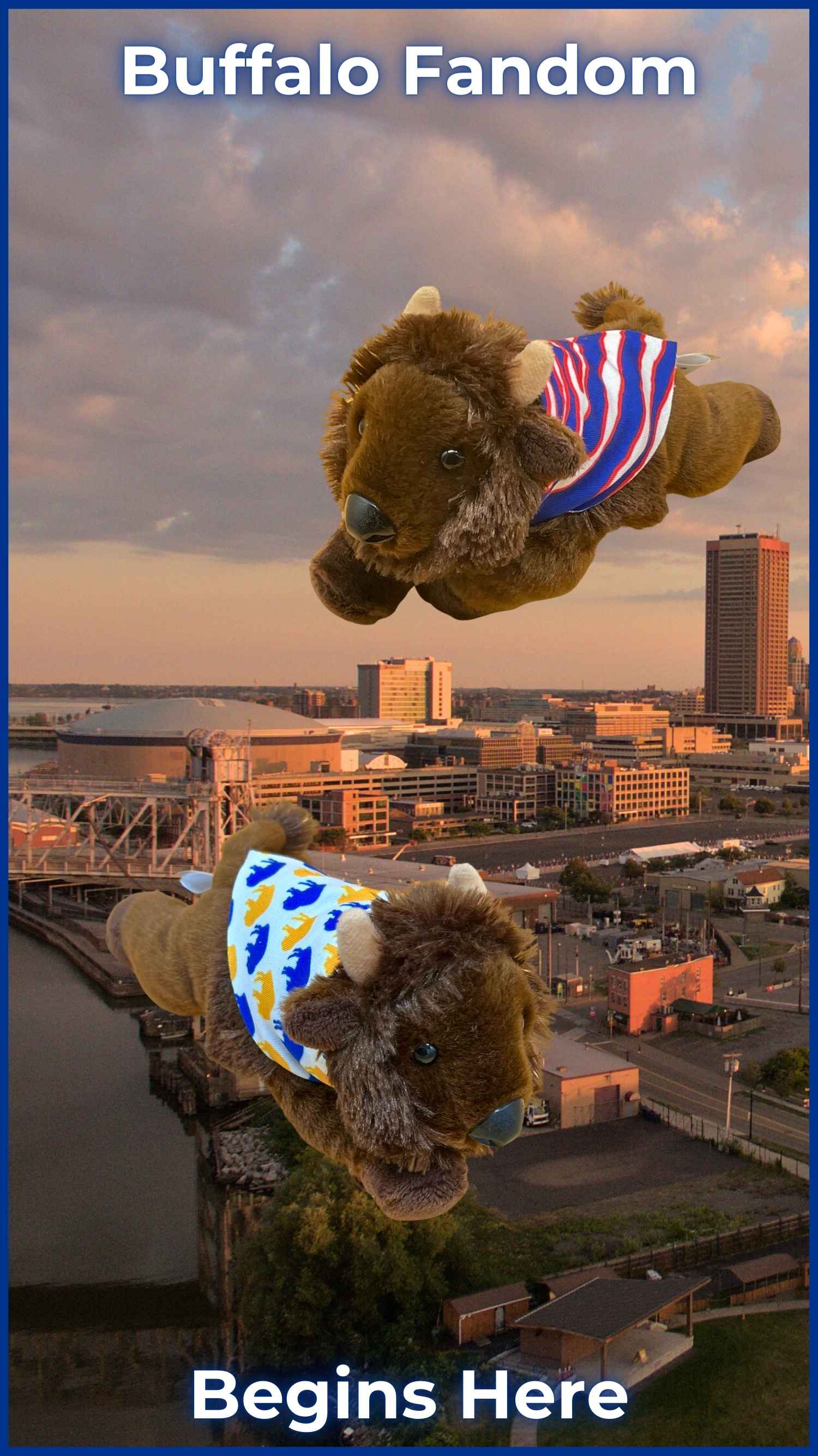 Mafi & Fia plush toys soaring above Buffalo's skyline, draped in Bills colors, symbolizing the start of Buffalo fandom. These cuddly mascots are the quintessential companions for every Buffalo Bills enthusiast.