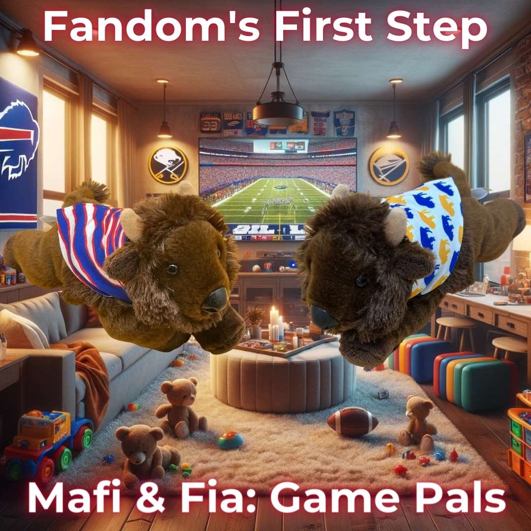 Discover 'Unique Buffalo Bills Gifts' with Mafi & Fia plush toys, the ultimate game day pals, set in a fan's dream playroom, embodying the spirit and joy of Buffalo fandom.