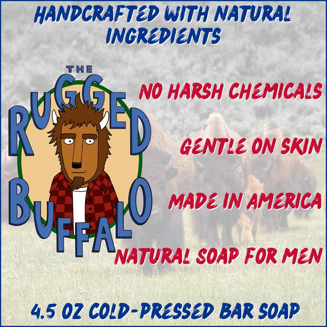 Mobile hero image showcasing 'The Rugged Buffalo' collection, a range of Made in America, natural soap for men, embodying the spirit of buffalo soap.