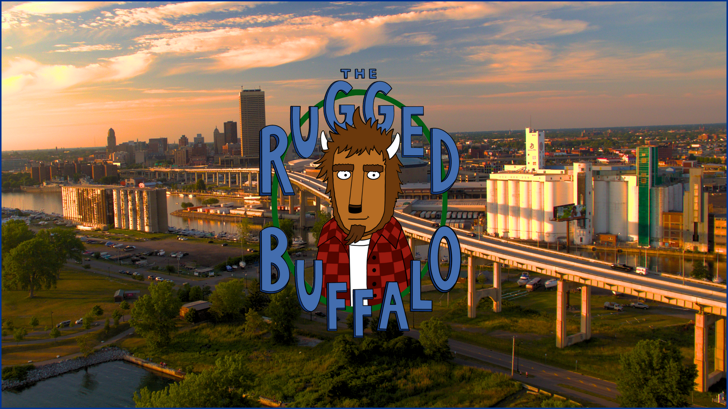 The Rugged Buffalo Logo set in front of an image of downtown Buffalo NY showcasing the Skyway.  Home of The Buffalo Knows, your number 1 source for Unique Buffalo Bills Gifts.