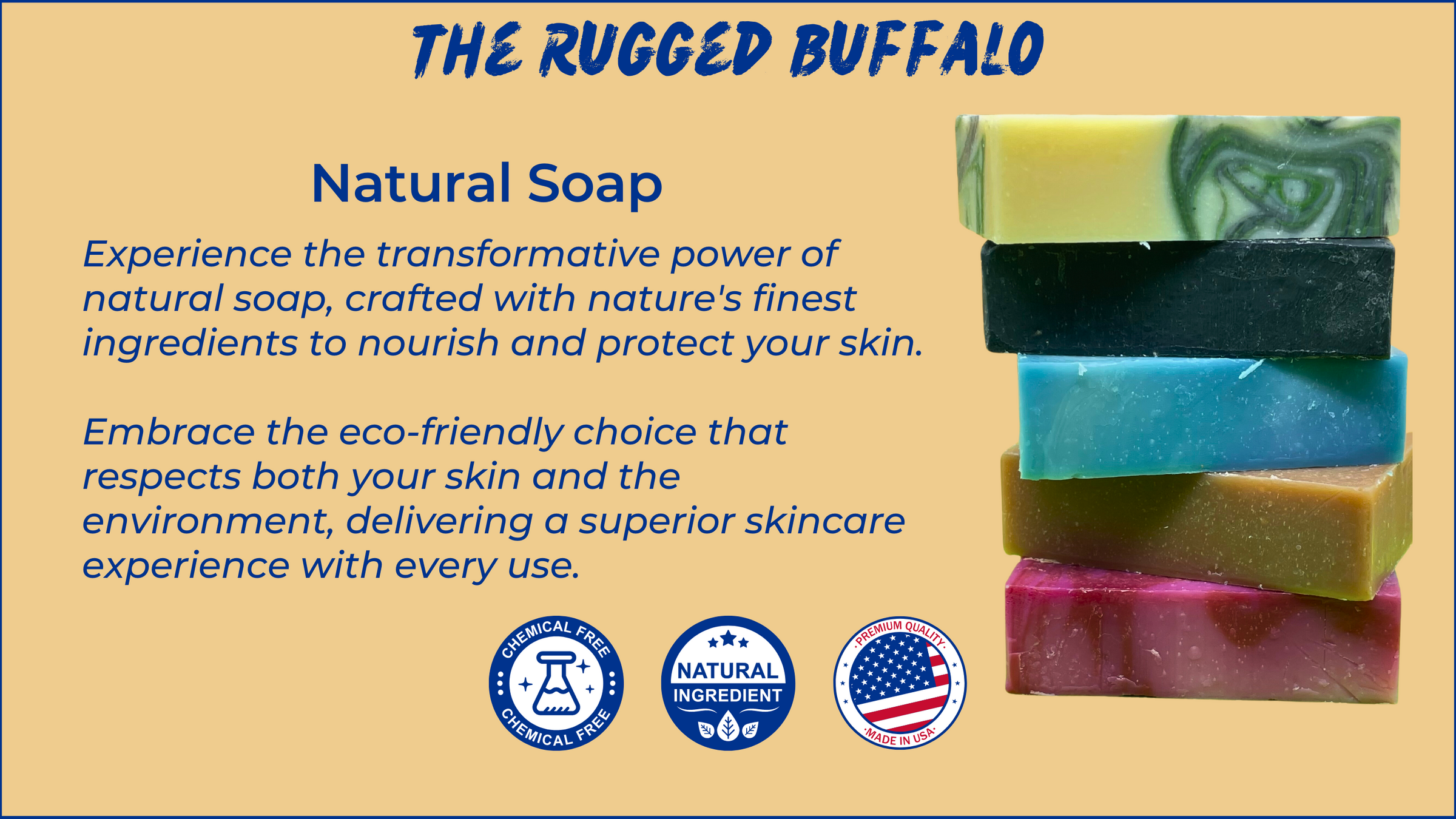 Hero image presenting 'The Rugged Buffalo' collection, a unique buffalo gift of natural men's soap, made in America and capturing the essence of buffalo soap.