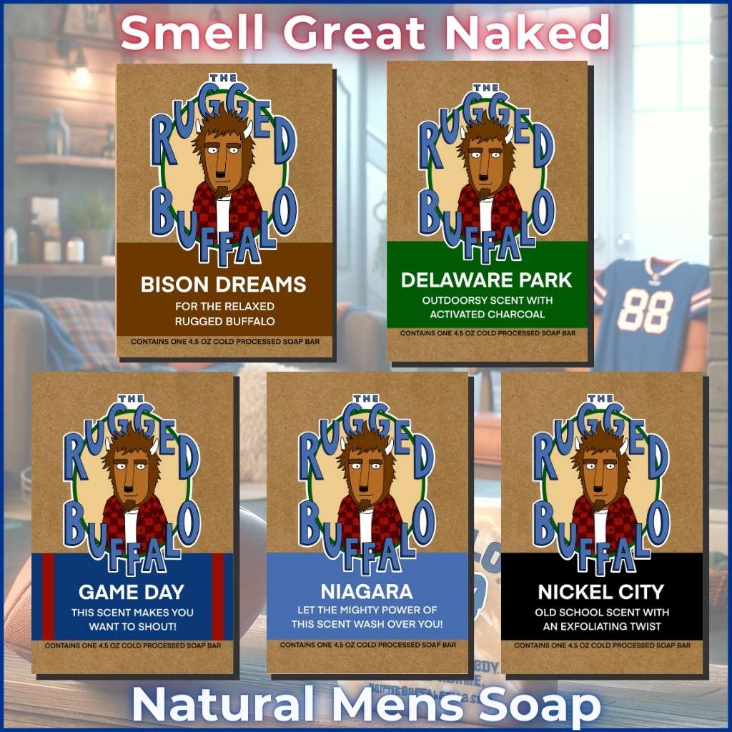 Natural Men's Soap on sale, Rugged Buffalo Soap, with a football and festive Buffalo Bills game day decor in the background.
