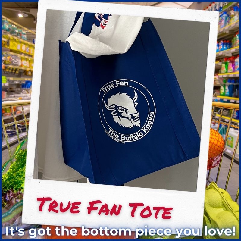 Blue 'True Fan Tote' from 'The Buffalo Knows' displayed in a shopping environment, tagged as a practical piece among 'Unique Buffalo Bills Gifts.