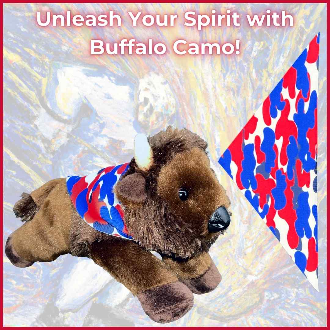 Fia in Buffalo Camo Cape: A stuffed animal buffalo with a blue cape featuring red buffalo silhouettes, an ideal Buffalo Bills gift for him.