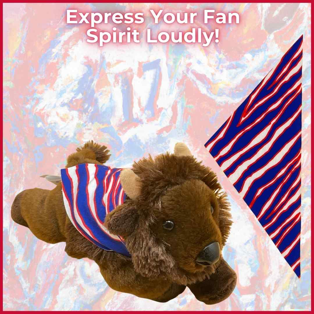 Fia plush buffalo toy wearing the Buffalo Shout Cape, a unique Buffalo Bills gift for fans.