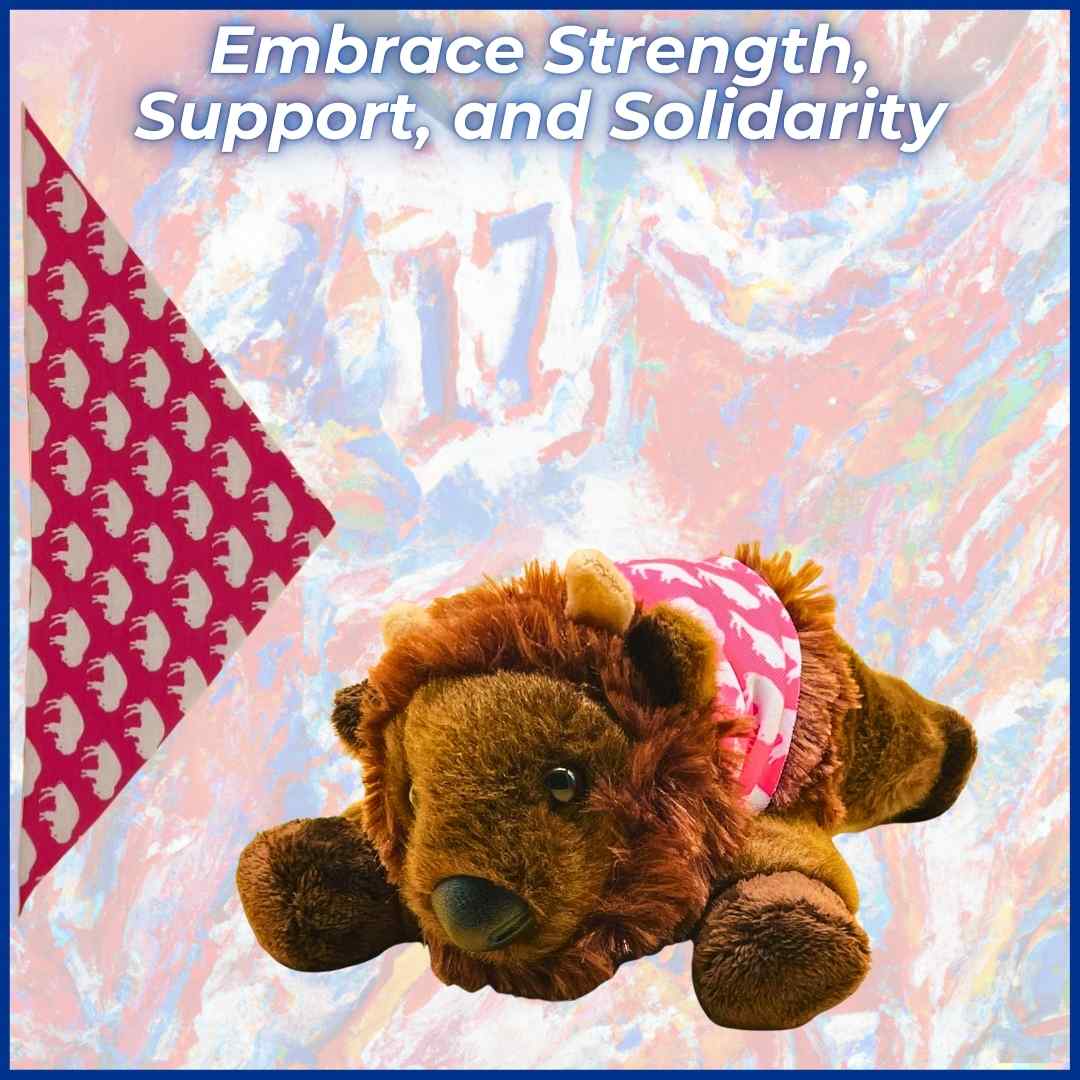 Mafi plush buffalo toy wearing a pink Hope Cape with white buffalo silhouettes, symbolizing strength, support, and solidarity, perfect Buffalo Bills gift.