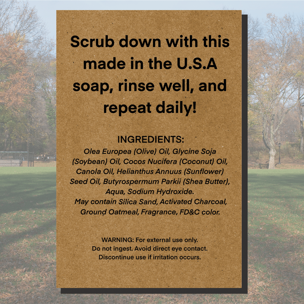 Ingredient List for Delaware Park natural men's soap - a refreshing, clean scent loved by Bills Fans everywhere.