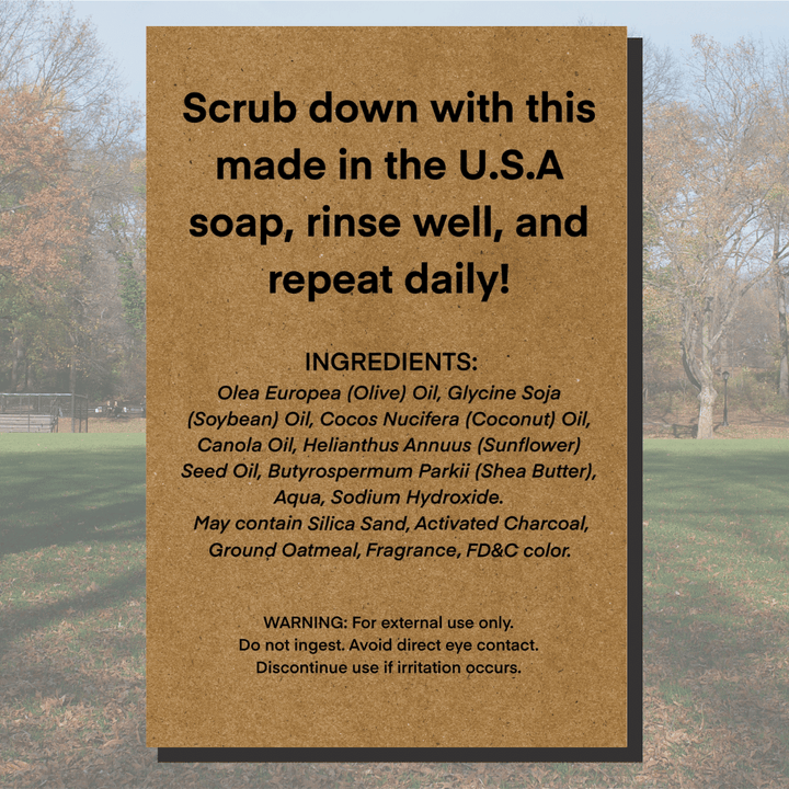 Ingredient List for Delaware Park natural men's soap - a refreshing, clean scent loved by Bills Fans everywhere.