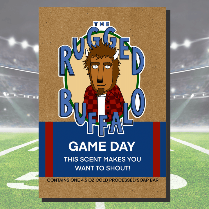 The Rugged Buffalo Soap – Game Day, natural men’s soap for a rugged and refreshing cleanse, perfect as a unique Buffalo Bills gift.