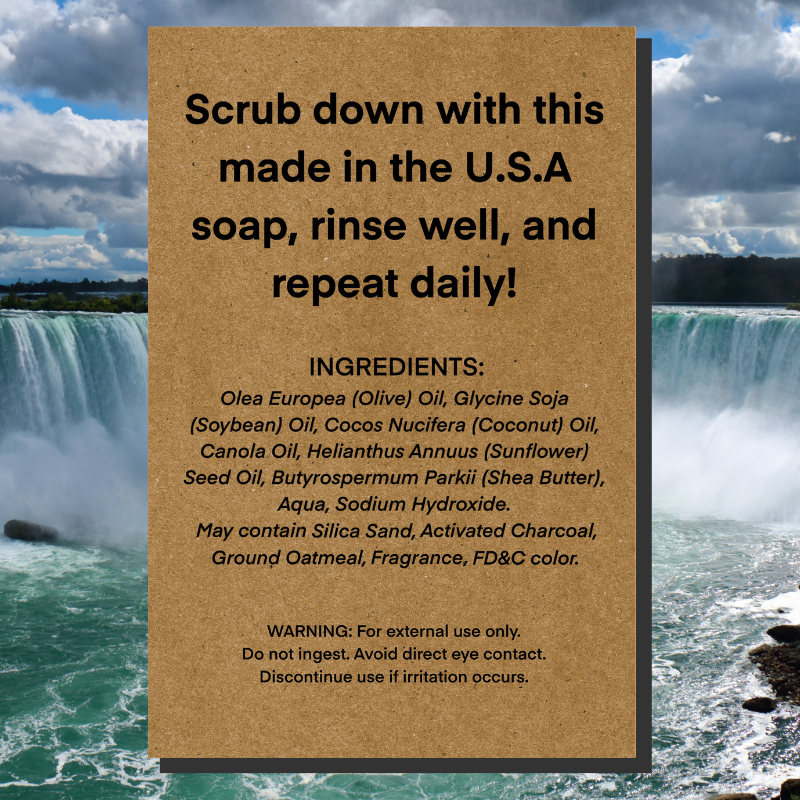 Ingredient List for Niagara natural men's soap - a refreshing and invigorating scent.   A unique gift for Bills fans everywhere.