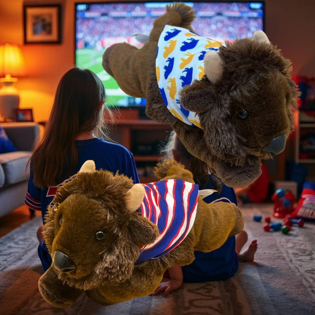 Mafi plush toy with Buffalo Bills cape, a unique Buffalo Bills fan gift.