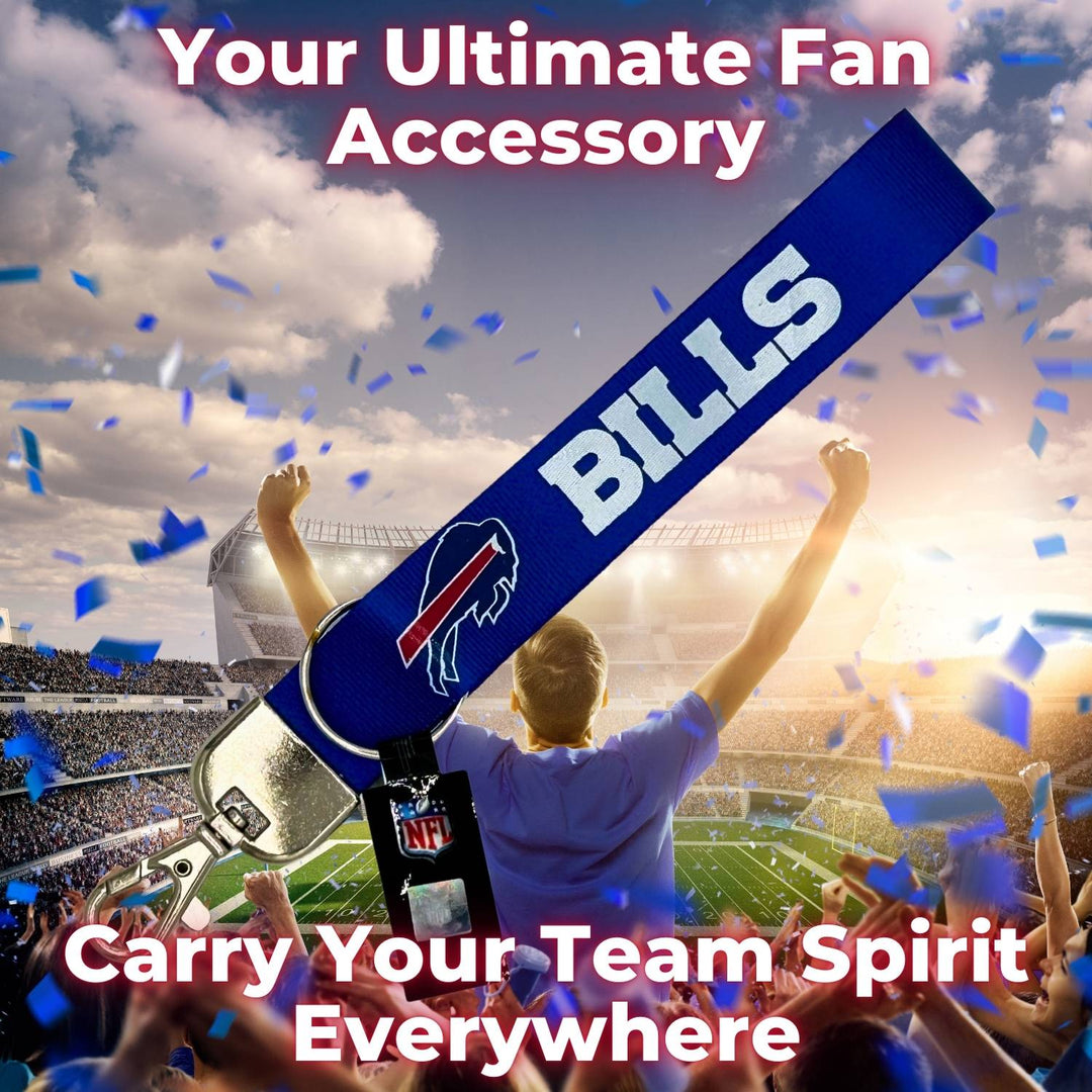 NFL Buffalo Bills Deluxe Wristlet Keychain with bold team logo and durable wrist strap, perfect for keeping keys secure, a stylish Buffalo Bills gift for any fan.