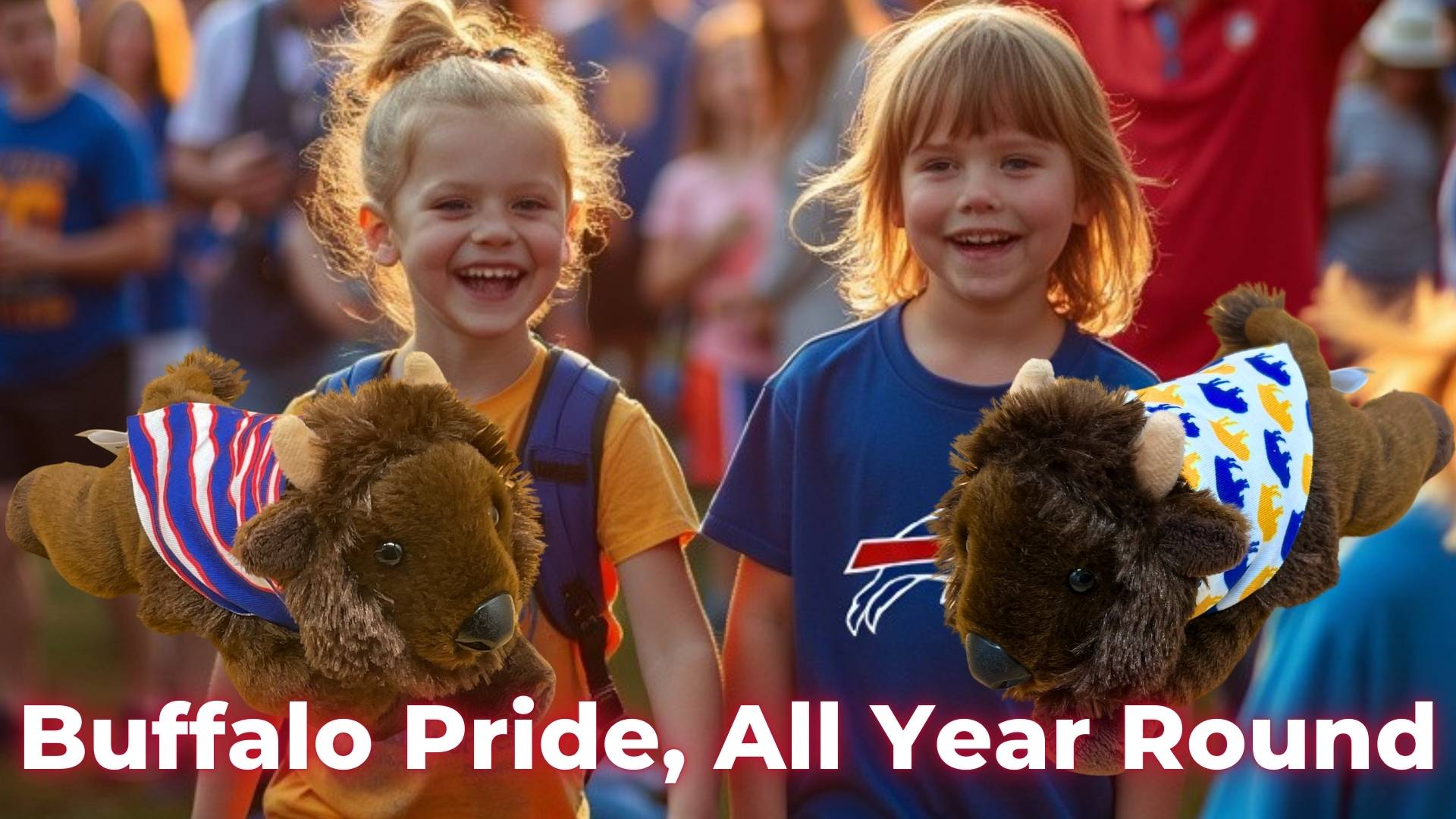 Buffalo Pride, All Year Round – Kids wearing Buffalo Bills gear with plush bison companions, Mafi and Fia. Perfect gifts for young Buffalo Bills and Sabres fans to show their team spirit.