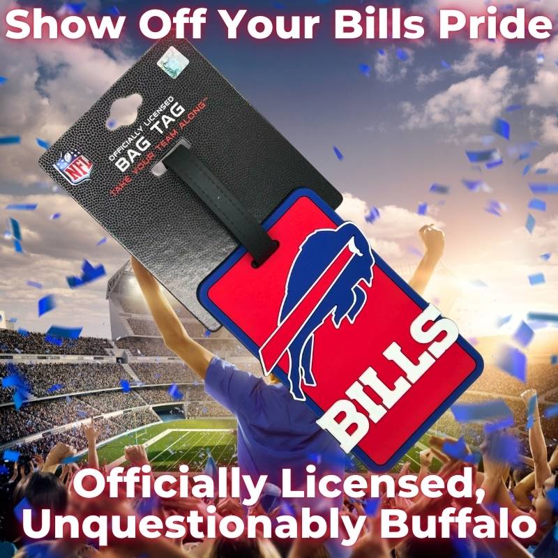 Official NFL Buffalo Bills Soft Luggage Tag in vibrant red and blue, displaying bold team logo, perfect for showing off your Bills pride while traveling.
