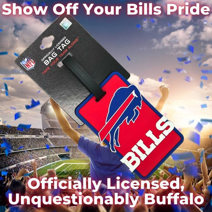 Official NFL Buffalo Bills Soft Luggage Tag in vibrant red and blue, displaying bold team logo, perfect for showing off your Bills pride while traveling.