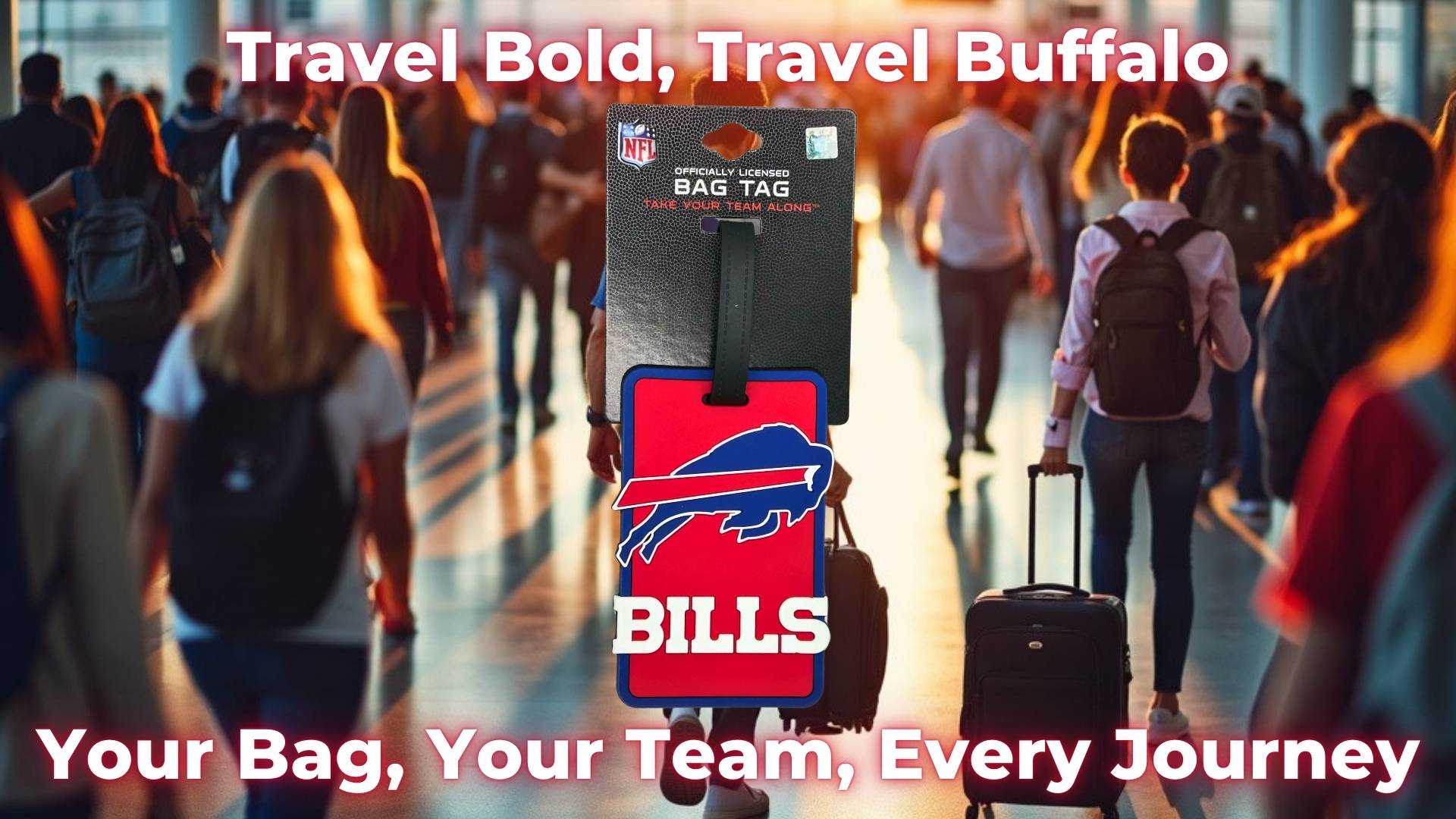 Buffalo Bills soft luggage tag on a suitcase, showing vibrant team pride in a busy airport. Perfect for fans looking to personalize travel with official Bills gear.