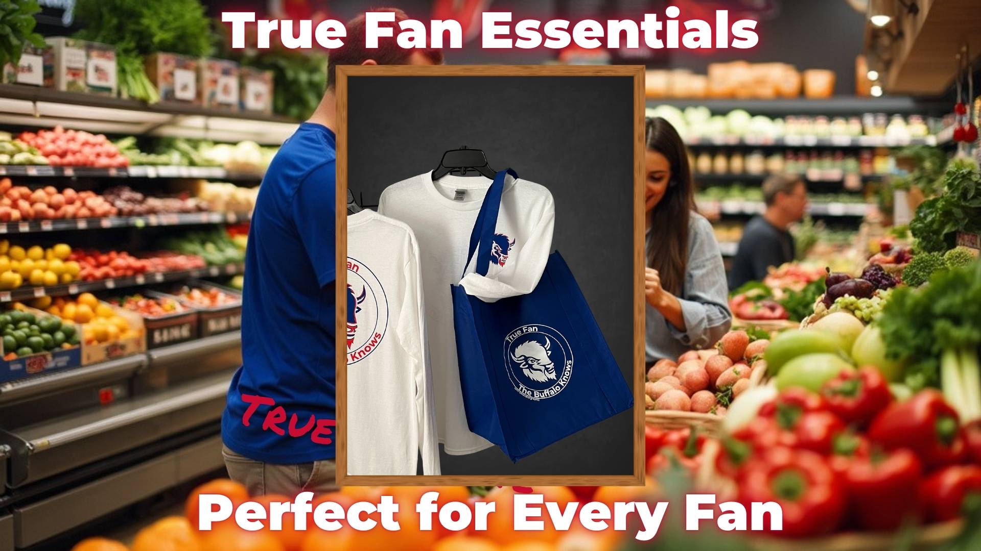 True Fan Essentials tote bag and long-sleeve shirt for Buffalo fans. Perfect for game day and everyday errands, showcasing Buffalo Bills and Sabres pride.