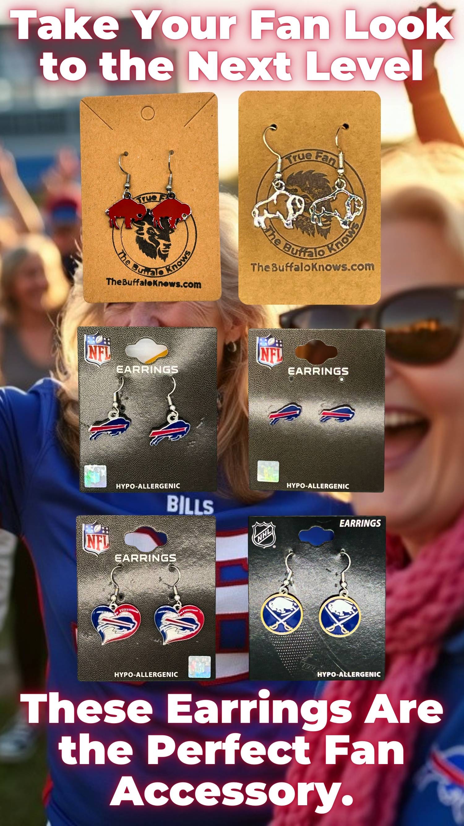 Fan-inspired Buffalo Bills and Sabres earrings for dedicated supporters. Stylish, hypoallergenic designs for game day or everyday team pride.