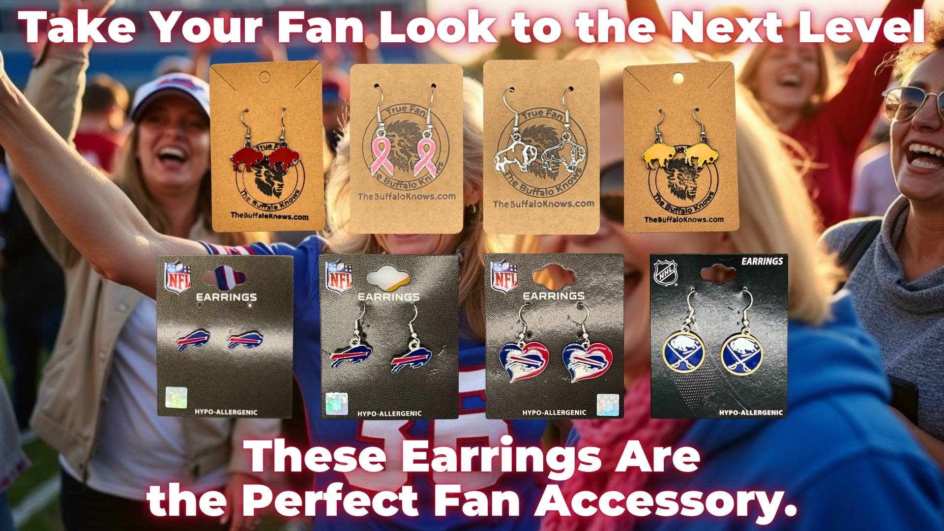 Buffalo Bills and Sabres fan earrings collection featuring unique designs for every fan. Perfect fan accessory to show team pride on game day and beyond.