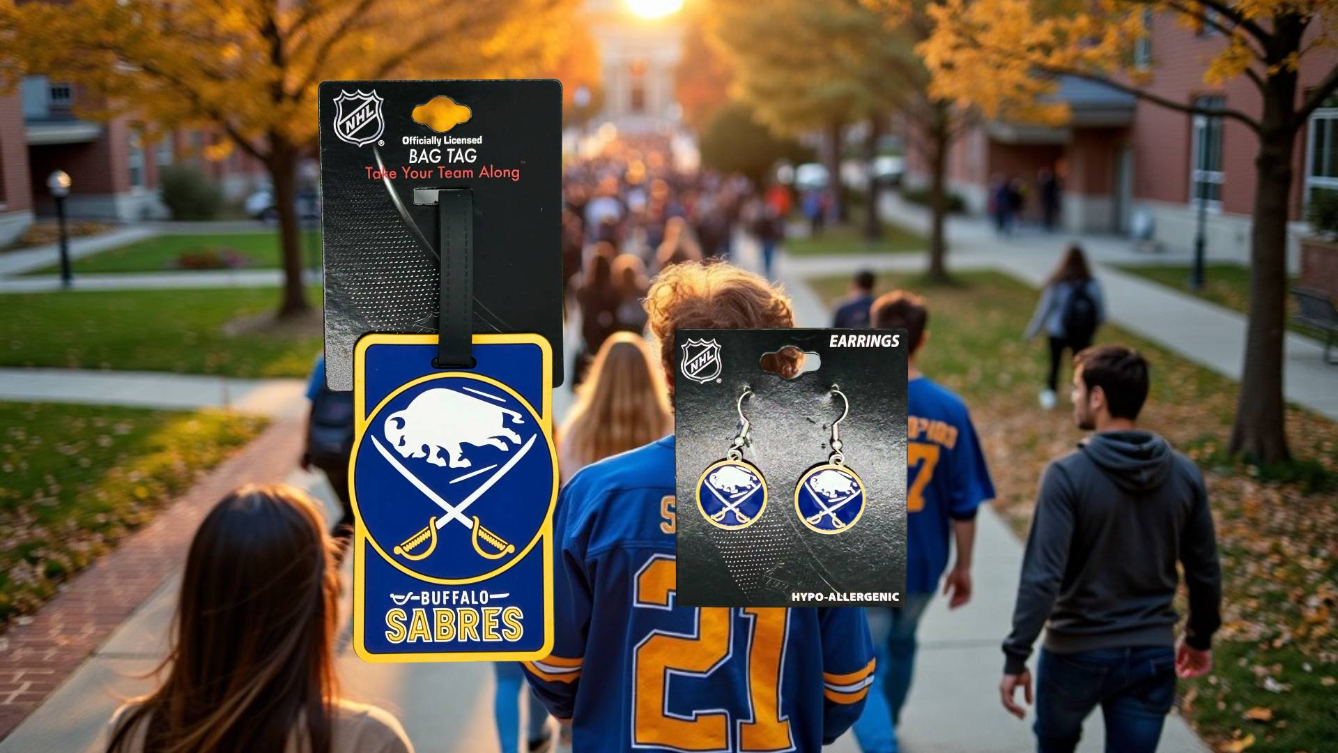 Celebrate your Buffalo Sabres pride with officially licensed NHL Sabres gifts. Showcasing a Buffalo Sabres bag tag and hypoallergenic Sabres earrings, perfect for dedicated Sabres fans. Available at TheBuffaloKnows.com.