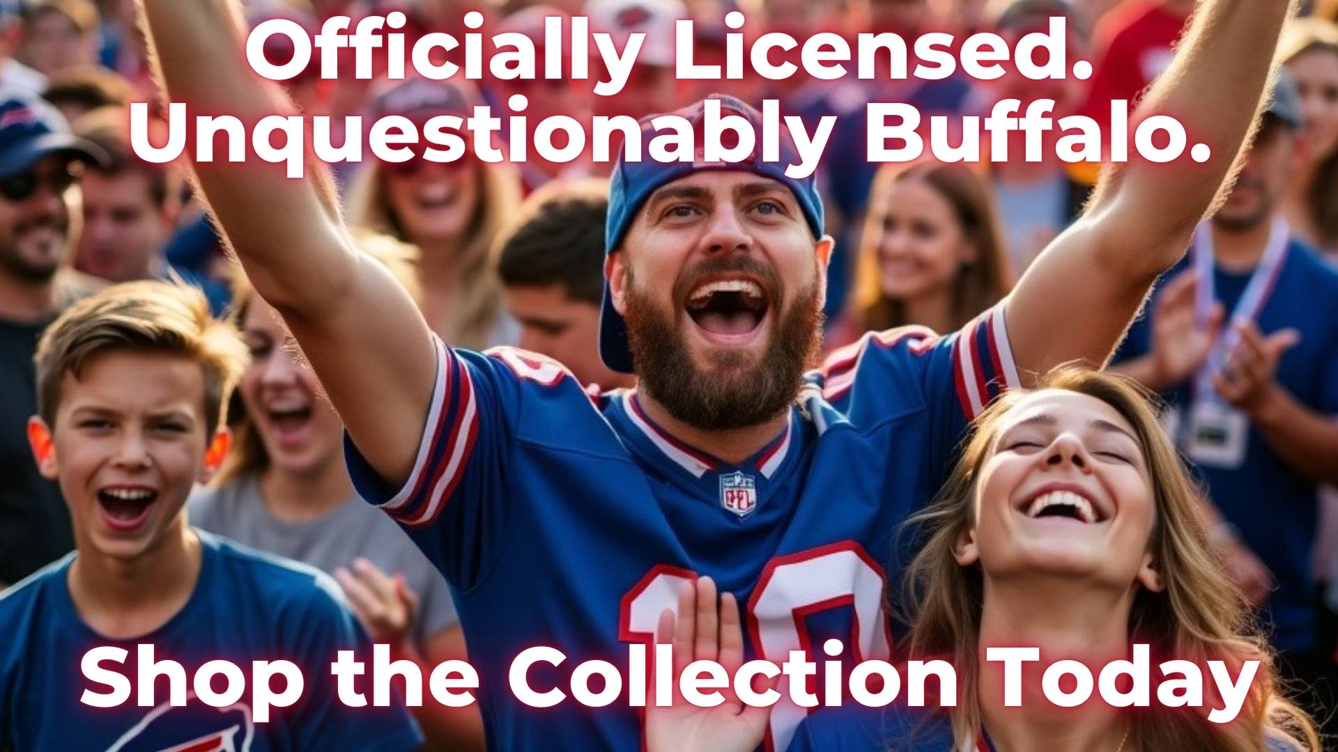 Fans celebrating in official Buffalo Bills licensed gear, showing passion for the game. Shop officially licensed Buffalo Bills and Buffalo Sabres merchandise now.